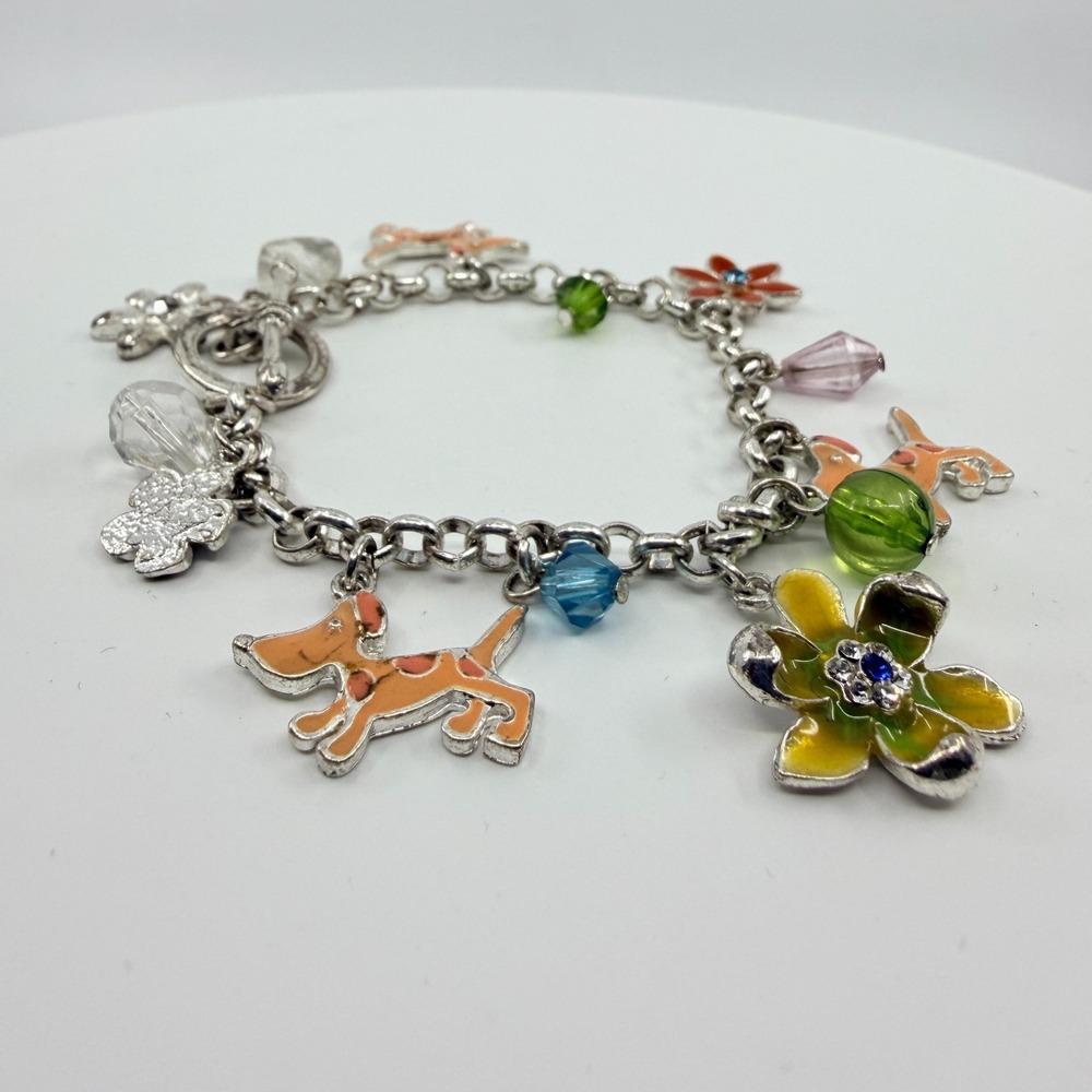 Vintage Y2K Colorful Puppy Dog & Floral Charm Bracelet Silver Tone